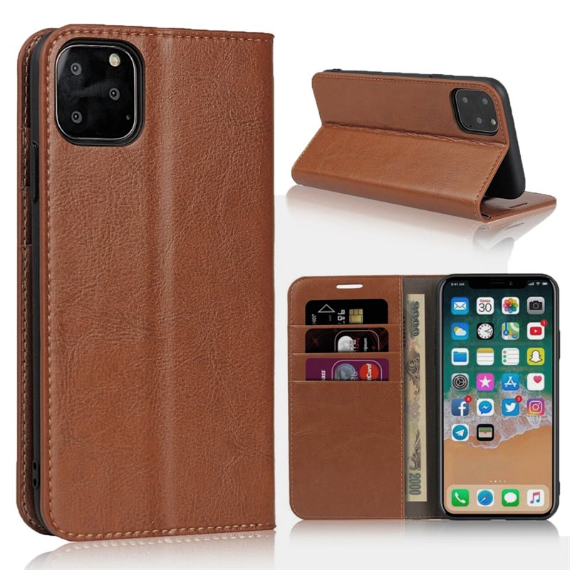 iPhone 11 Pro Smidigt mobilfodral i äkta läder, Brun - Tunt fodral med kortfack och ställfunktion