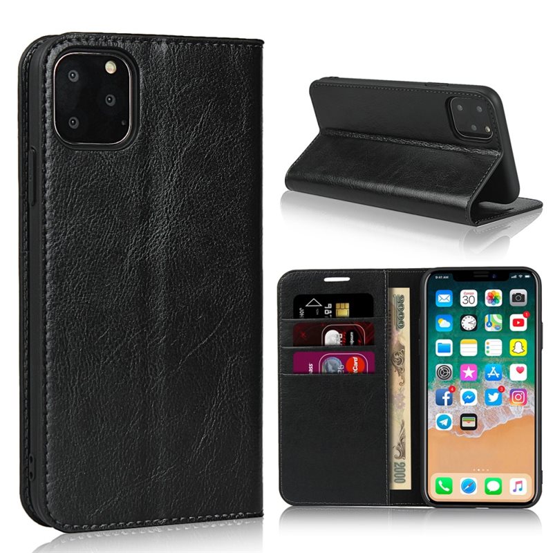 iPhone 11 Pro Smidigt mobilfodral i äkta läder, Svart - Tunt fodral med kortfack och ställfunktion