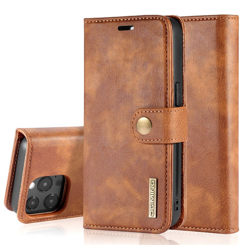 DG.MING iPhone 13 Pro Max Plånboksfodral med avtagbart skal, Cognac - Stilrent läderfodral med avtagbart magnetiskt skal