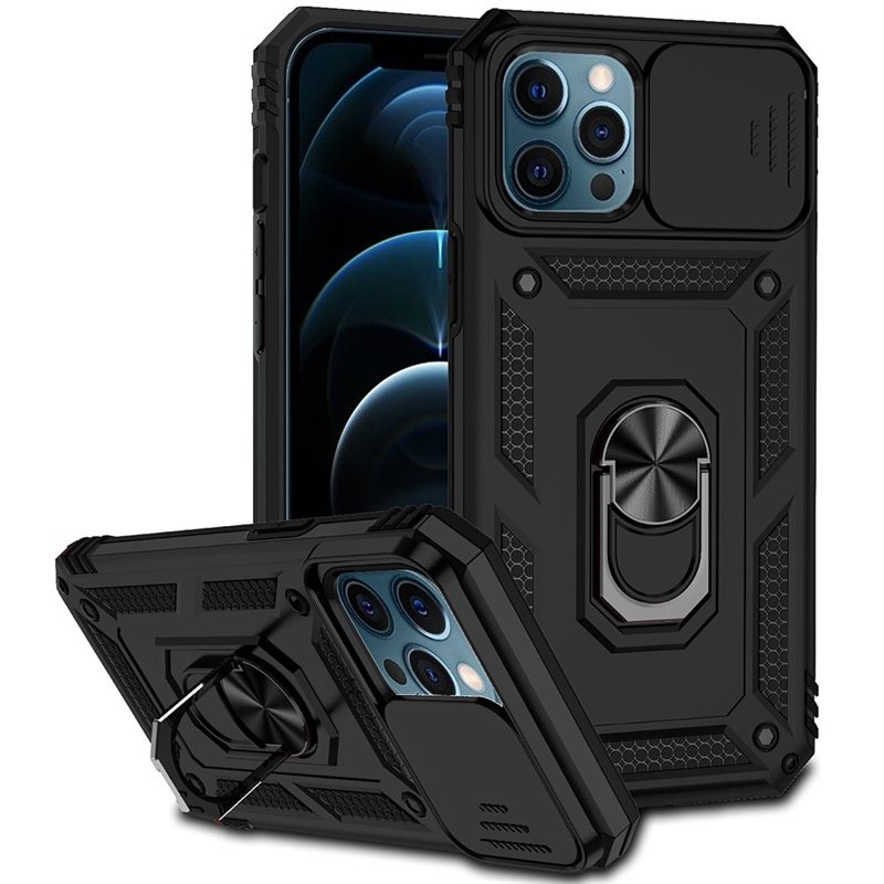 iPhone 12 Pro Max Skal med kameraskydd & fingerring, Svart - Coolt skal greppring kameralucka
