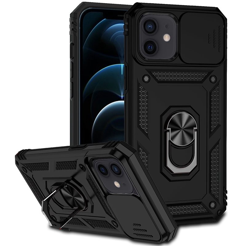iPhone 12/iPhone 12 Pro Skal med kameraskydd & fingerring, Svart - Coolt skal greppring kameralucka