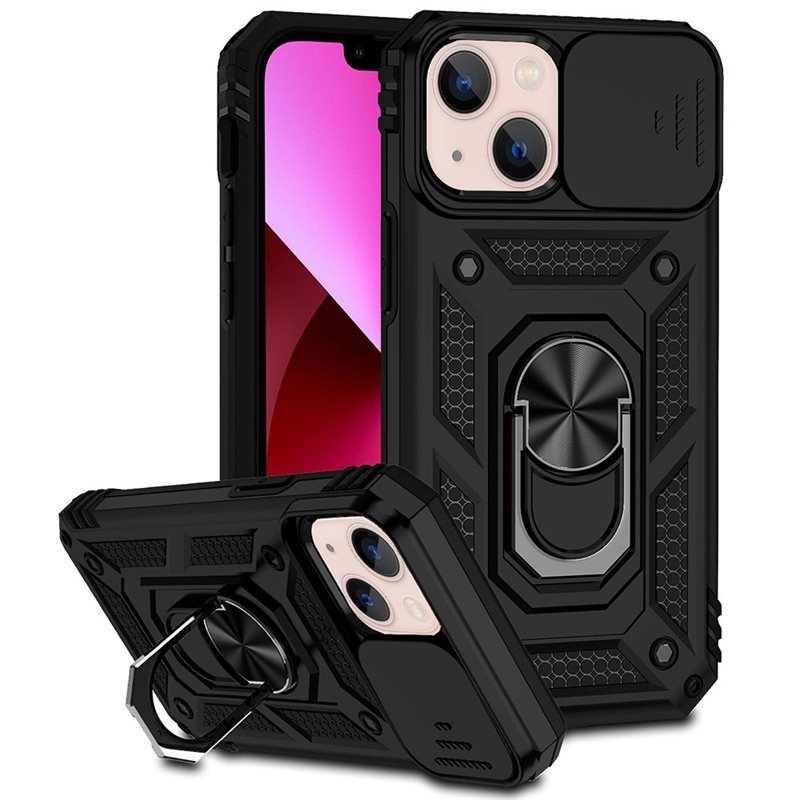 iPhone 13 Mini Skal med kameraskydd & fingerring, Svart - Coolt skal greppring kameralucka