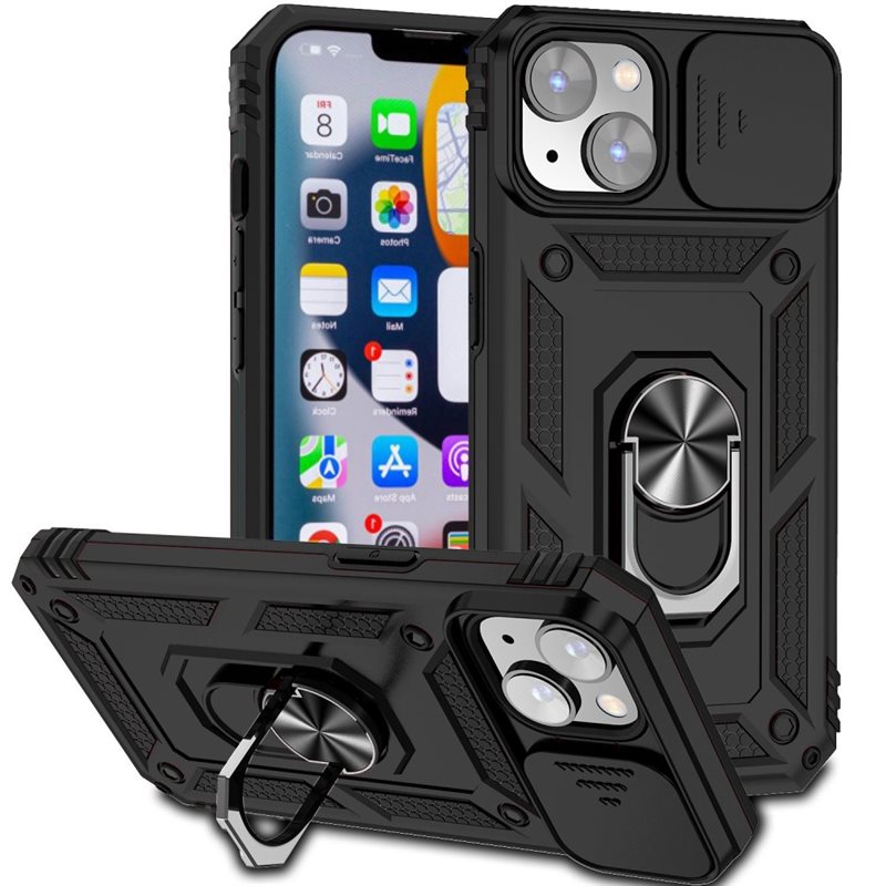 iPhone 14 Skal med kameraskydd & fingerring, Svart - Coolt skal greppring kameralucka