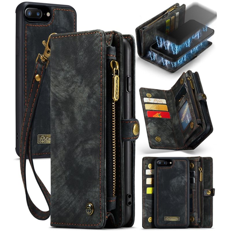CaseMe iPhone 7 Plus/iPhone 8 Plus Rymligt plånboksfodral med många kortfack, Grå - Mobilfodral med extra många kortplatser - Korthållare