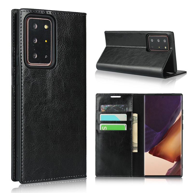 Samsung Galaxy Note 20 Ultra Smidigt mobilfodral i äkta läder, Svart - Tunt fodral med kortfack och ställfunktion