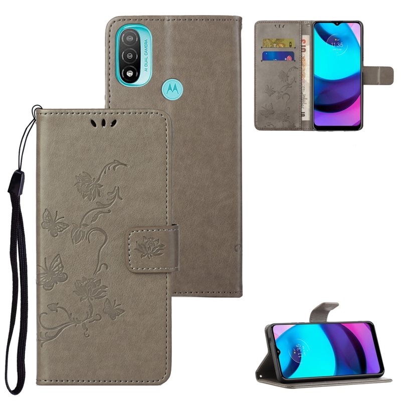 Motorola Moto E20/Moto E40 Mobilfodral med fjärilar, Grå - Fint plånboksfodral med mönster