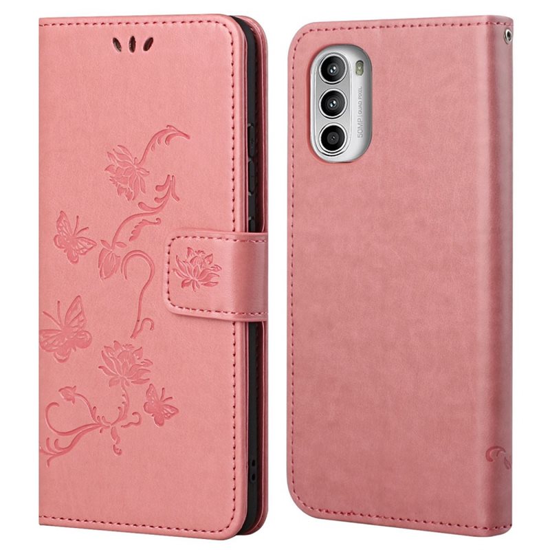 Motorola Moto G52 Mobilfodral med fjärilar, Rosa - Fint plånboksfodral med mönster