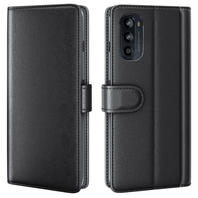 Motorola Moto G82/Moto G52 Plånboksfodral i Äkta Läder, Svart - Stilrent plånboksfodral med plats för sedlar och kort