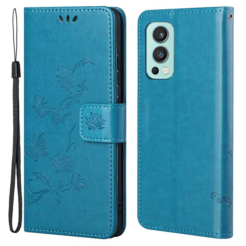 OnePlus Nord 2 5G Mobilfodral med fjärilar, Blå - Fint plånboksfodral med mönster