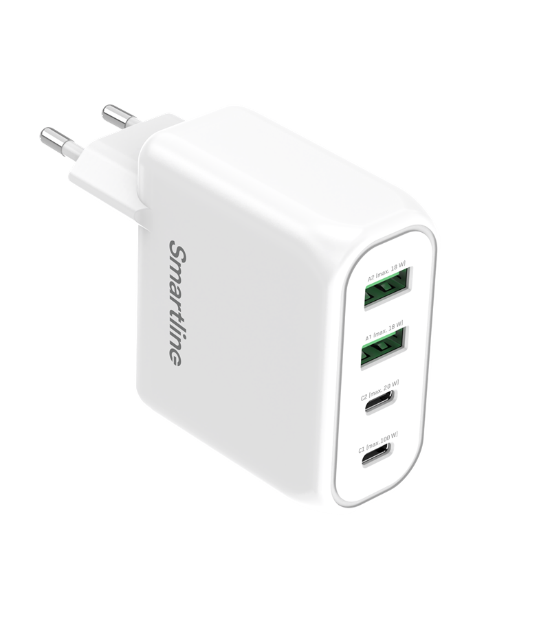 Smartline Väggladdare 100W Power Deliery 2x USB-C & 2x USB-A, vit