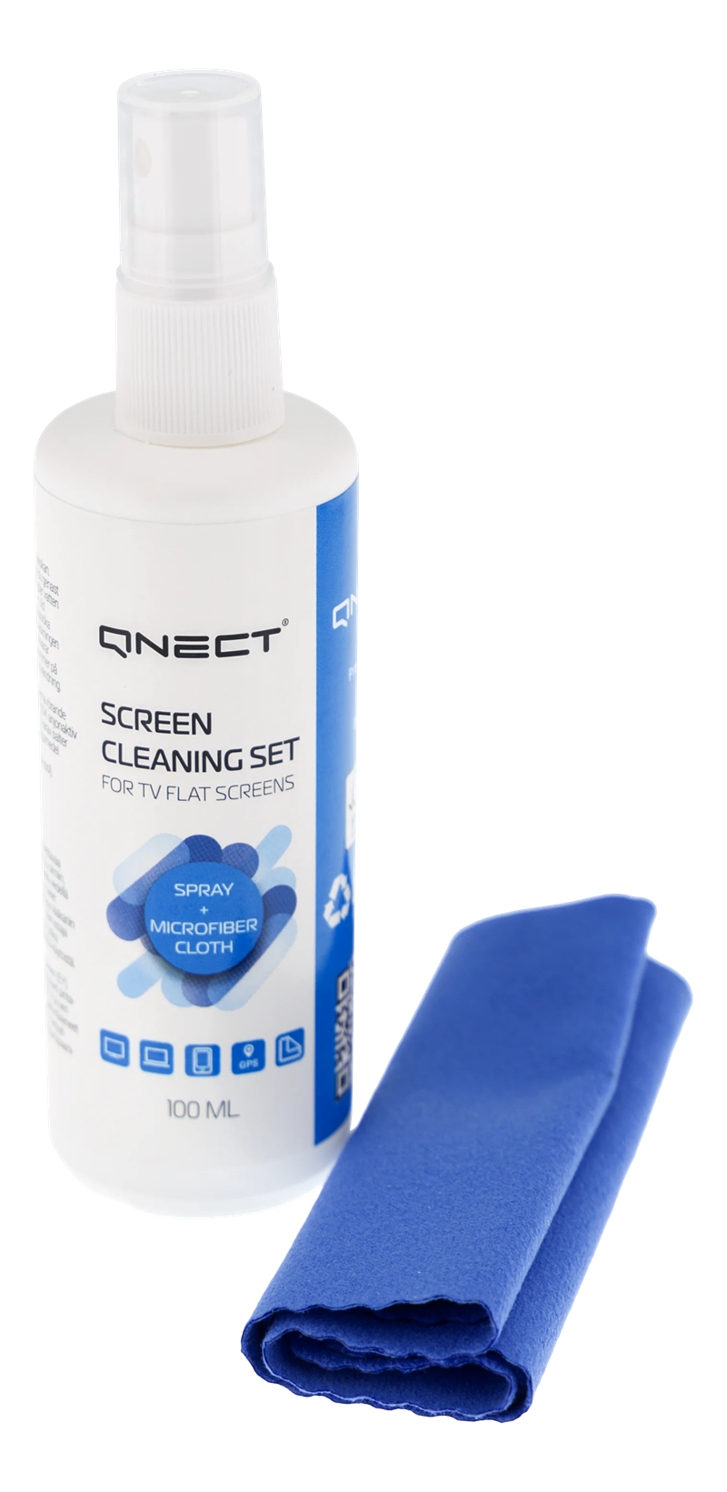 Qnect Rengöringsspray med mikrofiberduk för skärmar, 100ml