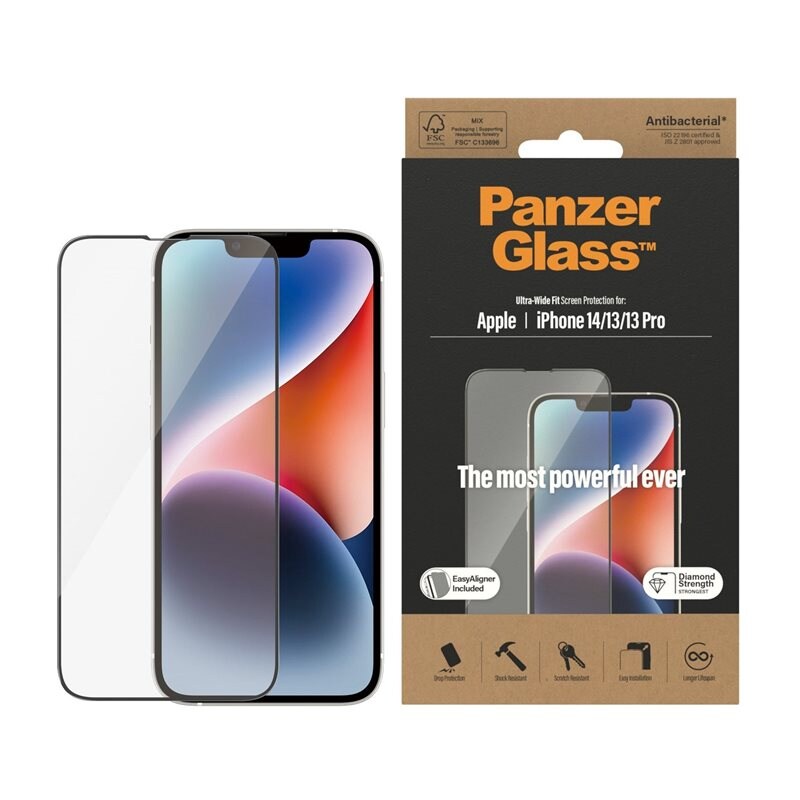PanzerGlass iPhone 16e Skärmskydd med installationsram - Ultra Wide Fit - Skärmskydd med oslagbar kvalitet. Med installationsram