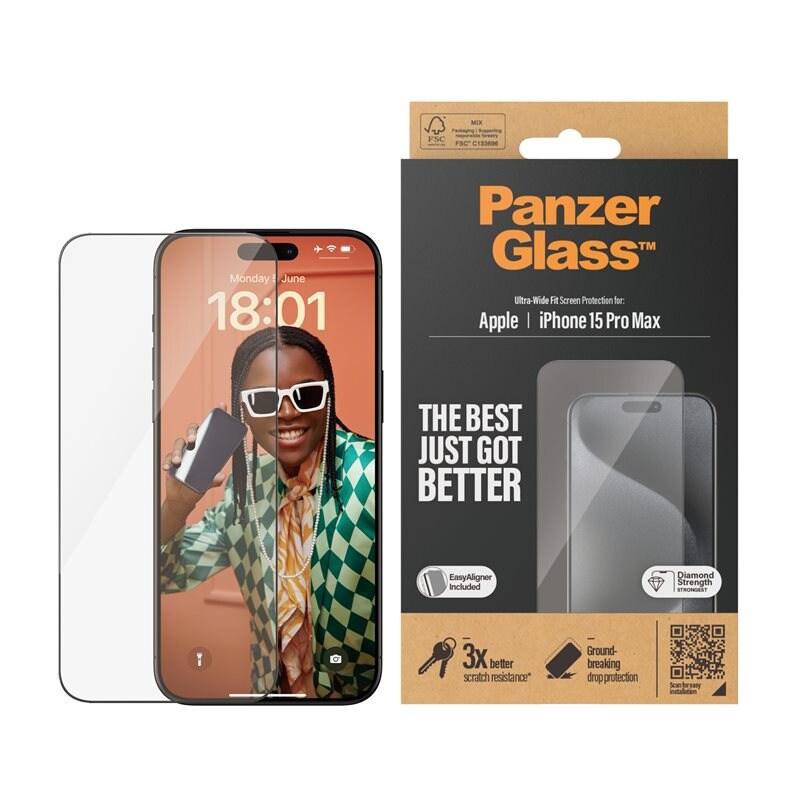 PanzerGlass iPhone 15 Pro Max Skärmskydd med installationsram - Ultra Wide Fit - Skärmskydd med oslagbar kvalitet. Med installationsram
