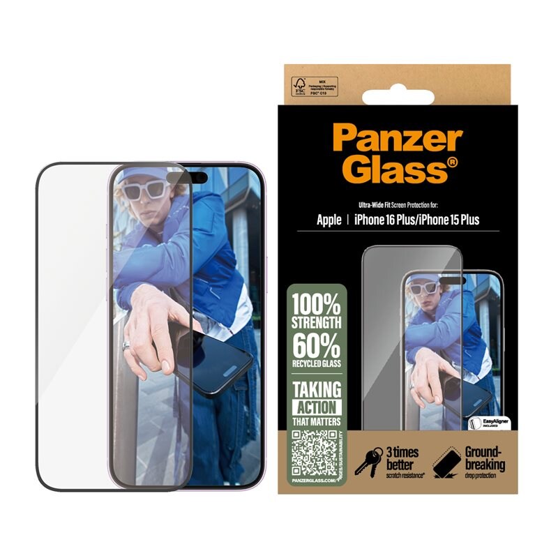 PanzerGlass iPhone 16 Plus Skärmskydd med installationsram - Ultra Wide Fit - Skärmskydd med oslagbar kvalitet. Med installationsram