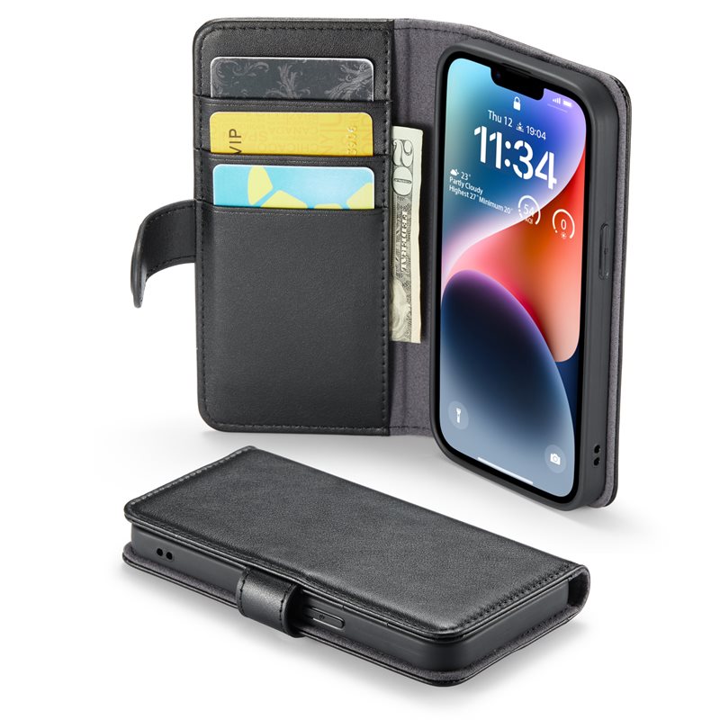 Mobique iPhone 13 Plånboksfodral i Äkta Läder, Svart - Stilrent plånboksfodral med plats för sedlar och kort
