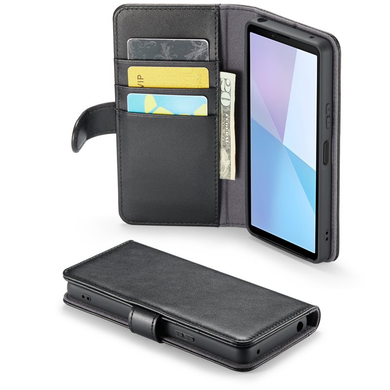 Mobique Sony Xperia 10 VI Plånboksfodral i Äkta Läder, Svart - Stilrent plånboksfodral med plats för sedlar och kort