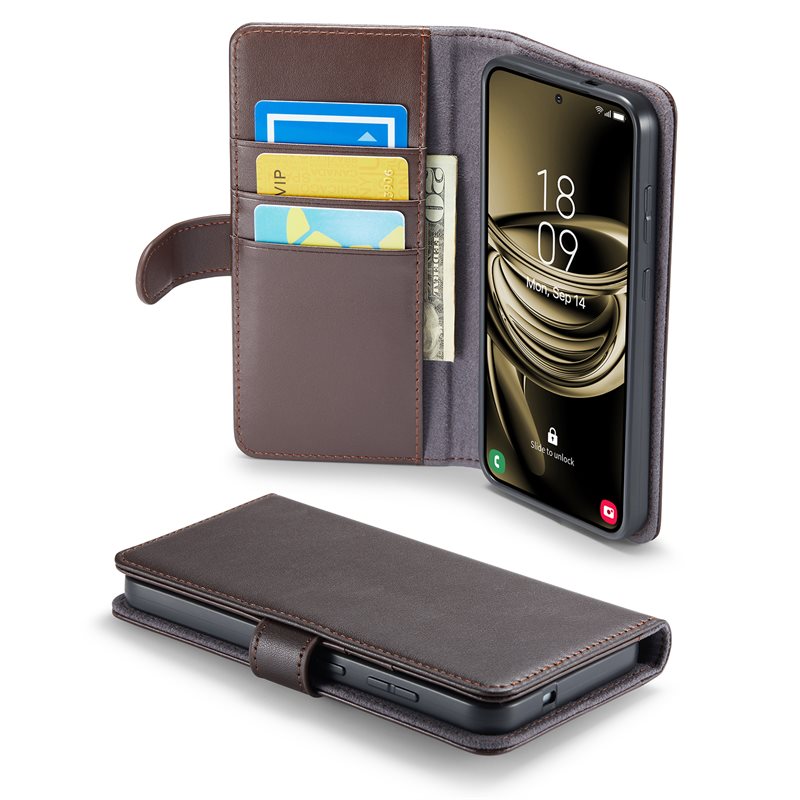Mobique Samsung Galaxy S25 Plånboksfodral i Äkta Läder, Brun - Stilrent plånboksfodral med plats för sedlar och kort