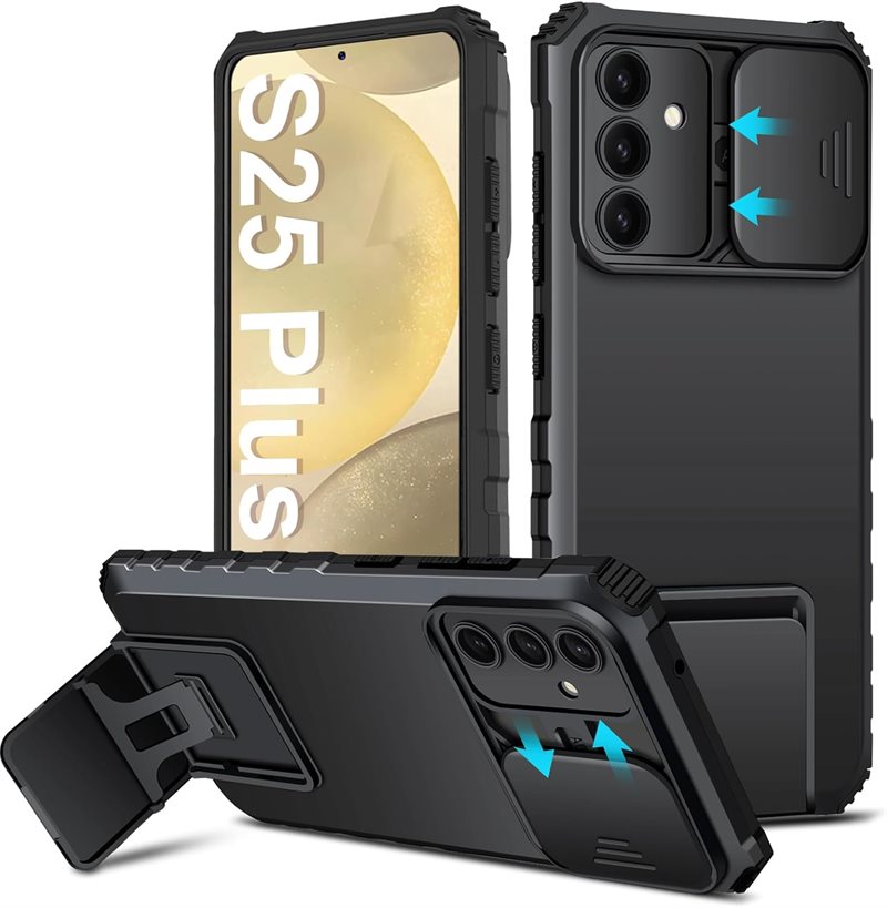 Samsung Galaxy S25 Plus Skal med Kickstand & Kameraskydd, Svart - Kameralucka utfällbart stöd