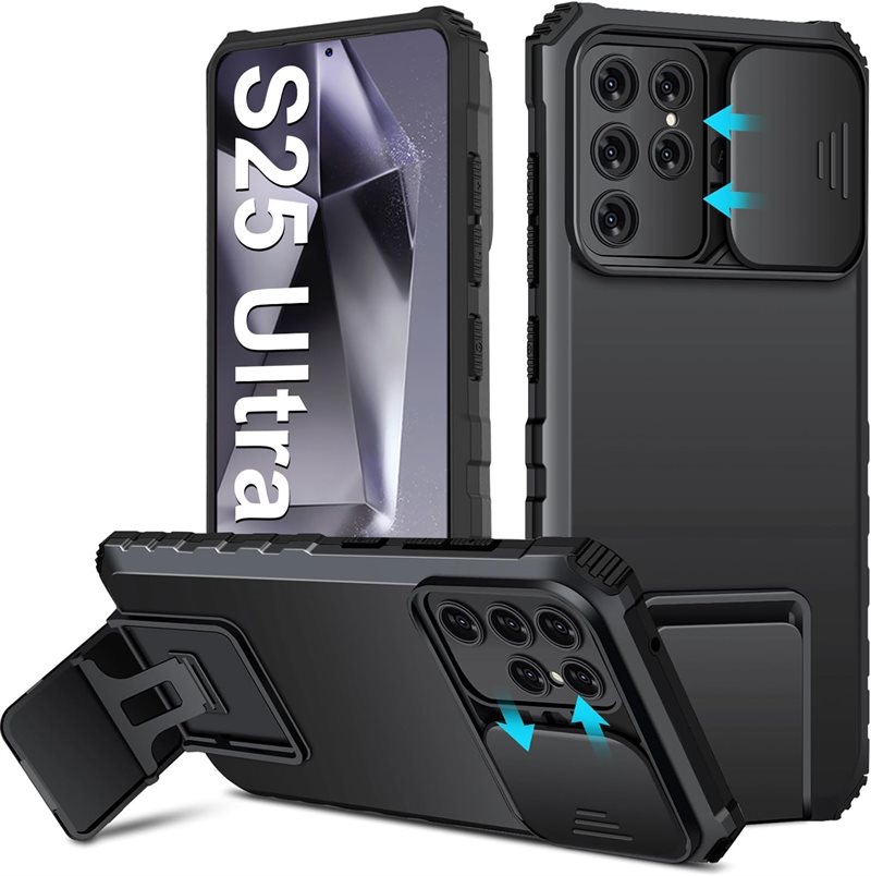 Samsung Galaxy S25 Ultra Skal med Kickstand & Kameraskydd, Svart - Kameralucka utfällbart stöd
