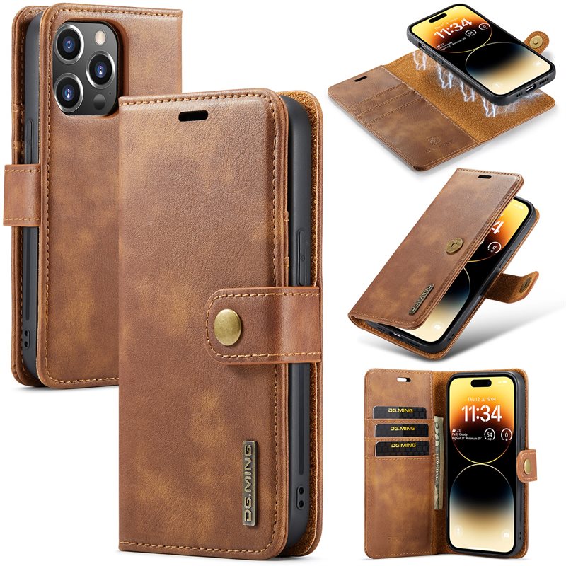 DG.MING iPhone 15 Pro Plånboksfodral med avtagbart skal, Cognac - Stilrent läderfodral med avtagbart magnetiskt skal