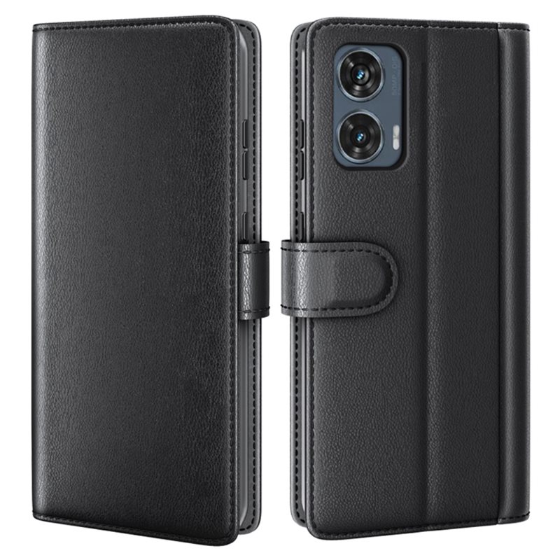 Motorola Edge 50 Fusion Plånboksfodral i Äkta Läder, Svart - Stilrent plånboksfodral med plats för sedlar och kort