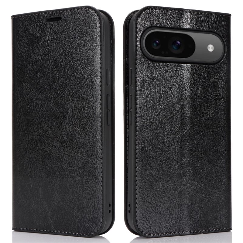 Google Pixel 9 Pro Smidigt mobilfodral i äkta läder, Svart - Tunt fodral med kortfack och ställfunktion