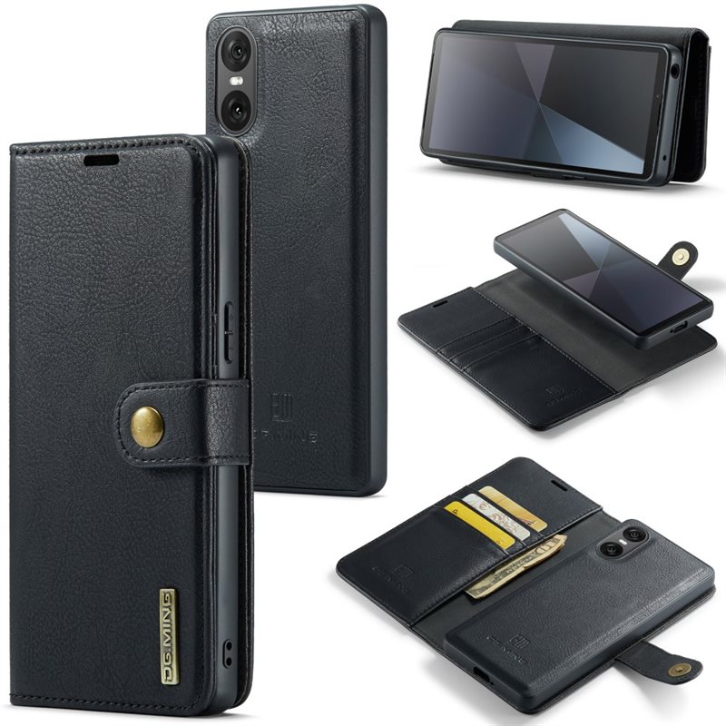 DG.MING Sony Xperia 10 VI Plånboksfodral med avtagbart skal, Black - Stilrent läderfodral med avtagbart magnetiskt skal