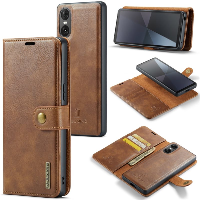 DG.MING Sony Xperia 10 VI Plånboksfodral med avtagbart skal, Cognac - Stilrent läderfodral med avtagbart magnetiskt skal