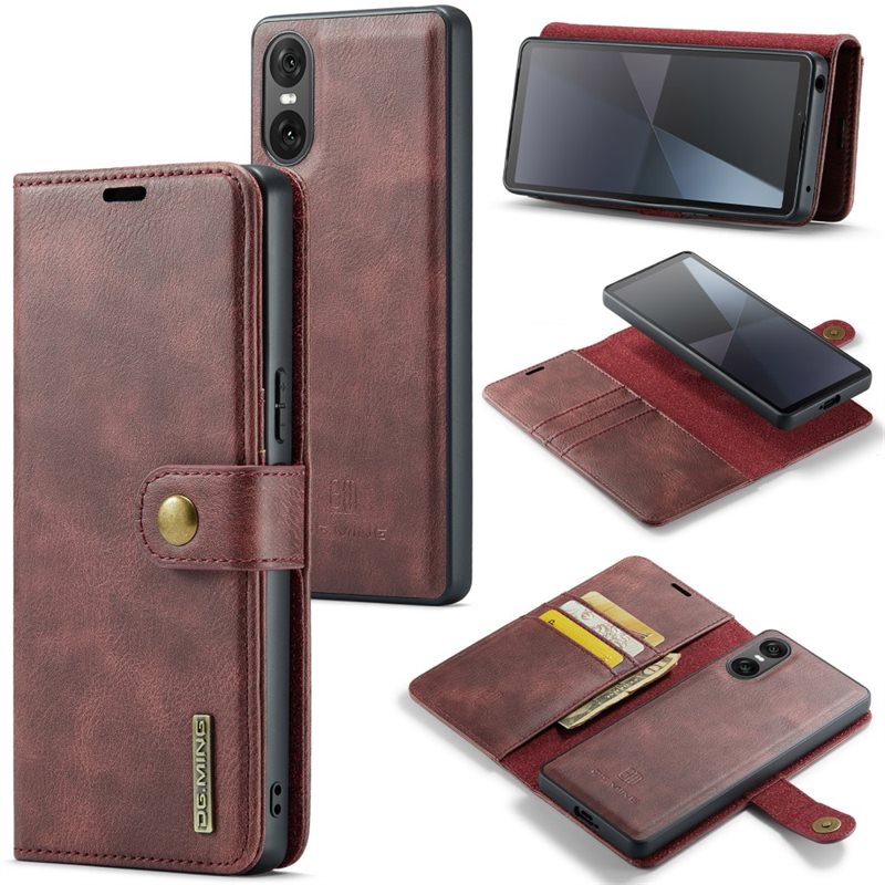 DG.MING Sony Xperia 10 VI Plånboksfodral med avtagbart skal, Red - Stilrent läderfodral med avtagbart magnetiskt skal