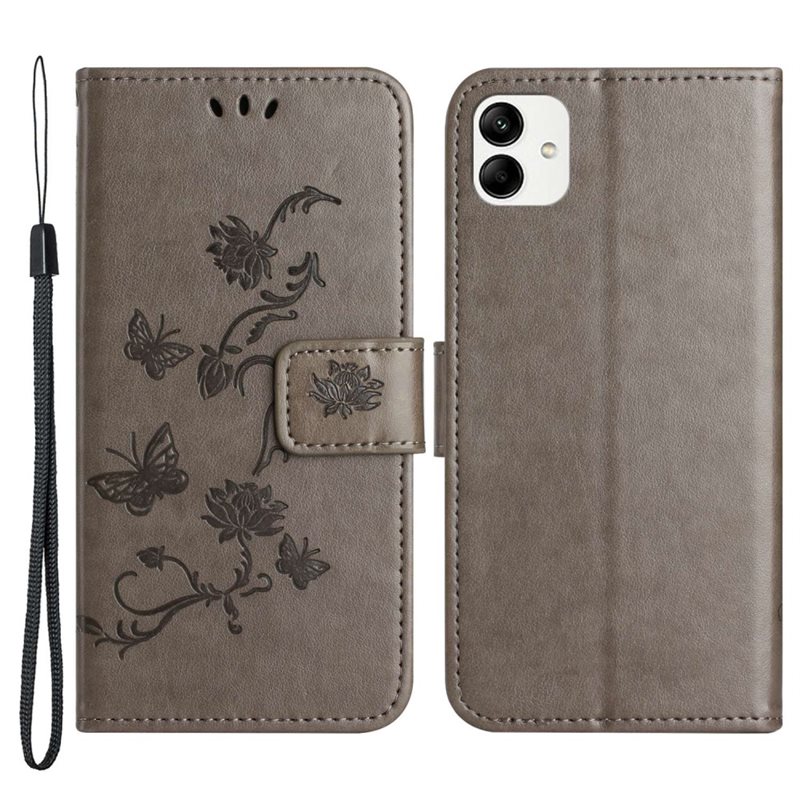 Samsung Galaxy A04 Mobilfodral med fjärilar, Grå - Fint plånboksfodral med mönster