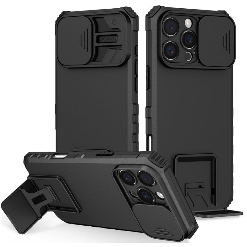 iPhone 16 Pro Max Skal med Kickstand & Kameraskydd, Svart - Kameralucka utfällbart stöd
