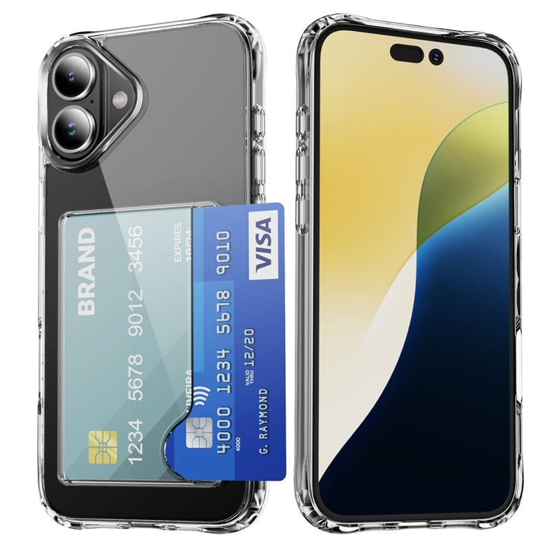 iPhone 16 Hybridskal med inbyggt kortfack, Genomskinlig - Skal kortförvaring genomskinligt