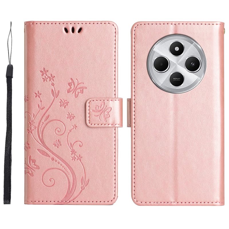 Xiaomi Redmi 14C Mobilfodral med fjärilar, Roséguld - Fint plånboksfodral med mönster