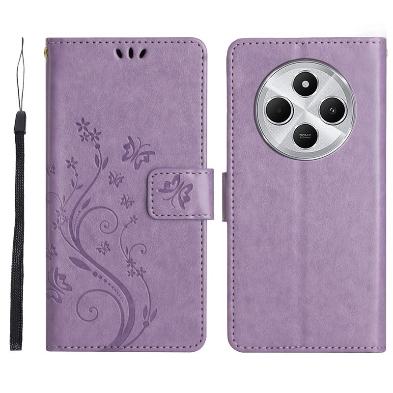 Xiaomi Redmi 14C Mobilfodral med fjärilar, Lila - Fint plånboksfodral med mönster