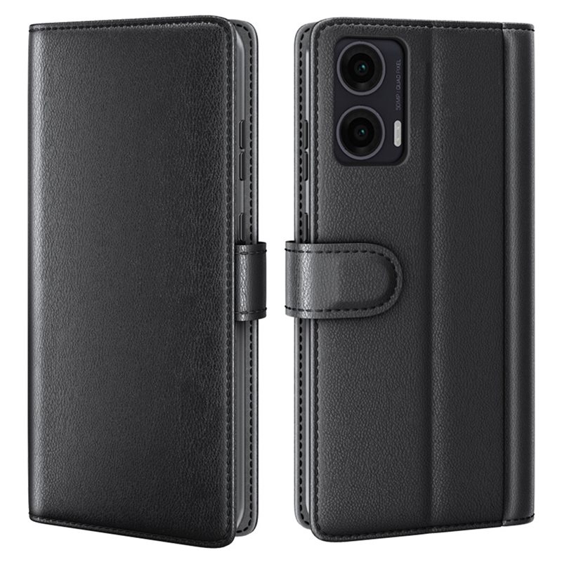 Motorola Moto G35 Plånboksfodral i Äkta Läder, Svart - Stilrent plånboksfodral med plats för sedlar och kort