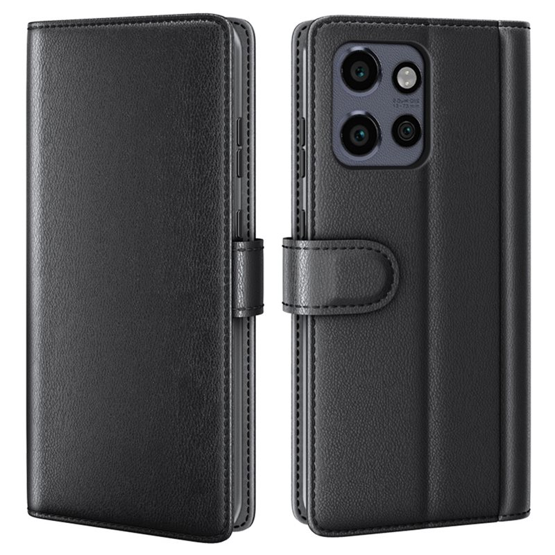 Motorola Edge 50 Neo Plånboksfodral i Äkta Läder, Svart - Stilrent plånboksfodral med plats för sedlar och kort