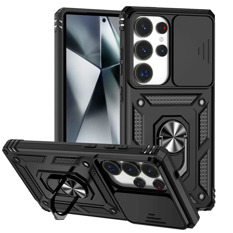 Samsung Galaxy S25 Ultra Skal med kameraskydd & fingerring, Svart - Coolt skal greppring kameralucka