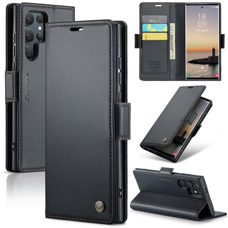 CaseMe Samsung Galaxy S25 Ultra Slimmat RFID-plånboksfodral, Svart - Tunt mobilfodral med plånbok och RFID-skydd