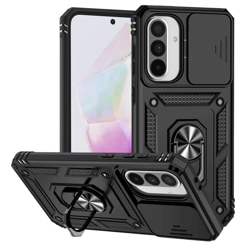 Samsung Galaxy A36 Skal med kameraskydd & fingerring, Svart - Coolt skal greppring kameralucka