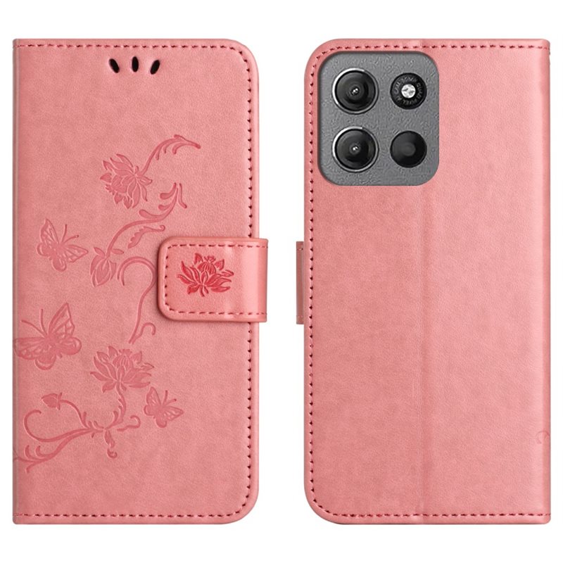 Motorola Moto G15 Power Mobilfodral med fjärilar, Rosa - Fint plånboksfodral med mönster
