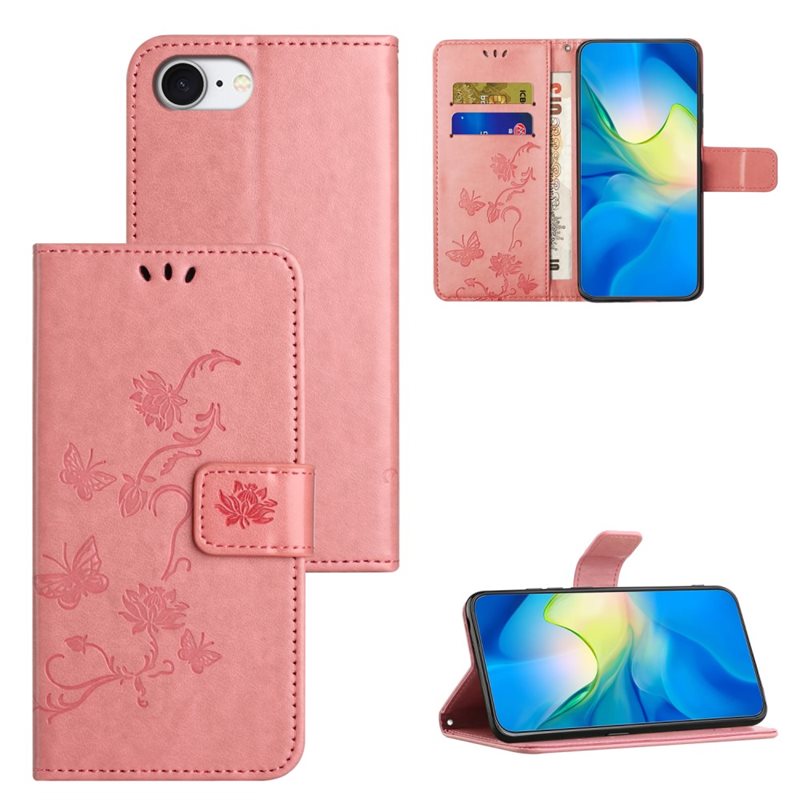 iPhone 16e Mobilfodral med fjärilar, Rosa - Fint plånboksfodral med mönster