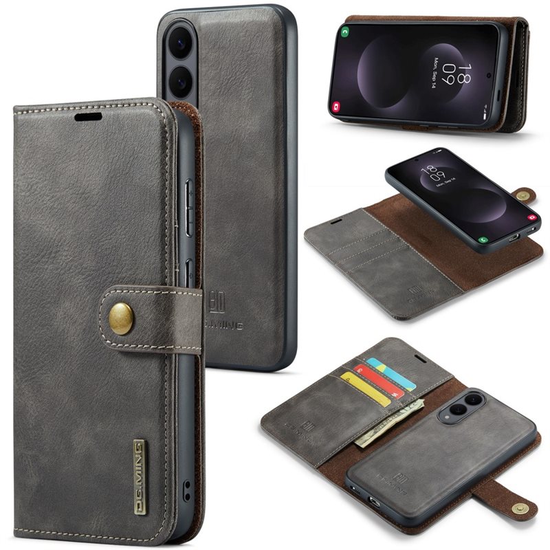 DG.MING Samsung Galaxy S25 Edge Plånboksfodral med avtagbart skal, Brown - Stilrent läderfodral med avtagbart magnetiskt skal