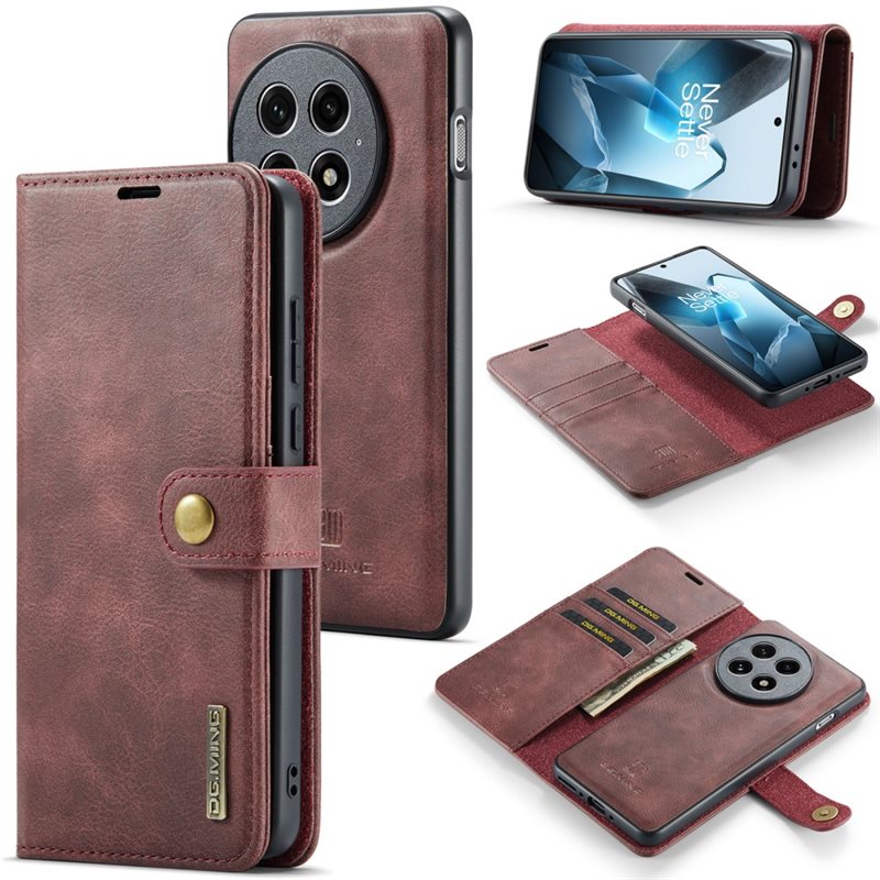 DG.MING OnePlus 13 Plånboksfodral med avtagbart skal, Red - Stilrent läderfodral med avtagbart magnetiskt skal