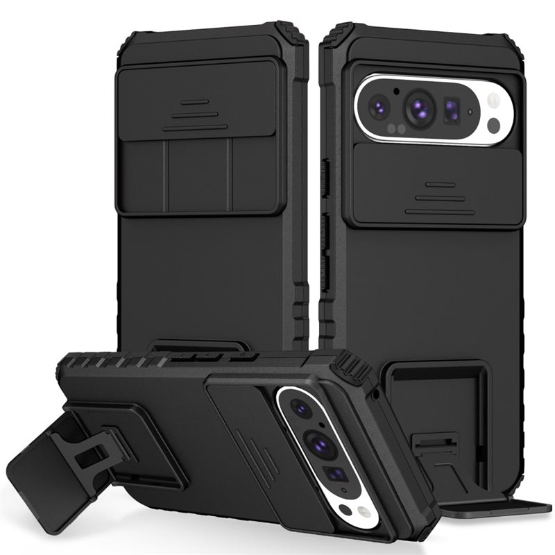 Google Pixel 9 Pro Skal med Kickstand & Kameraskydd, Svart - Kameralucka utfällbart stöd