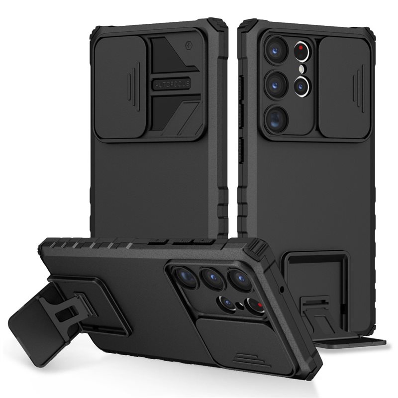 Samsung Galaxy S23 Ultra Skal med Kickstand & Kameraskydd, Svart - Kameralucka utfällbart stöd
