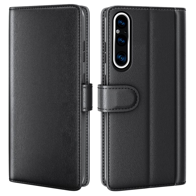 Sony Xperia 1 V Plånboksfodral i Äkta Läder, Svart - Stilrent plånboksfodral med plats för sedlar och kort