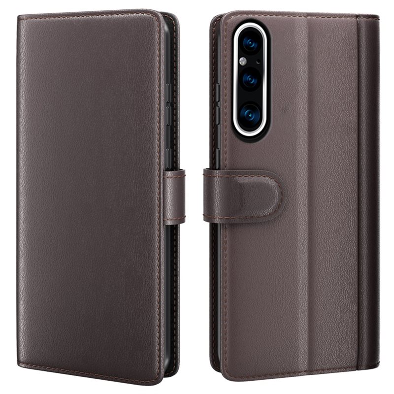 Sony Xperia 1 V Plånboksfodral i Äkta Läder, Brun - Stilrent plånboksfodral med plats för sedlar och kort