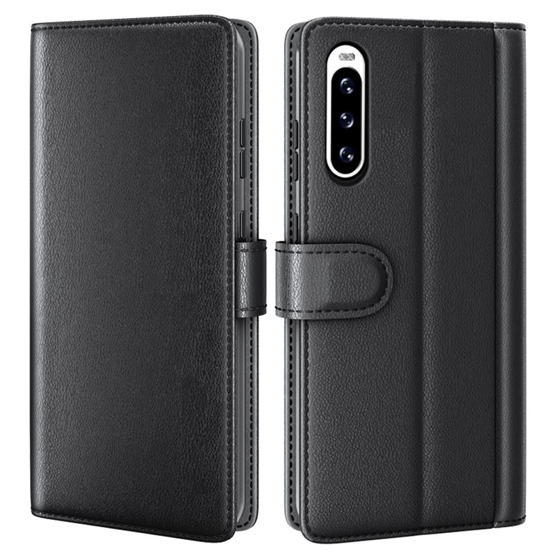 Sony Xperia 10 V Plånboksfodral i Äkta Läder, Svart - Stilrent plånboksfodral med plats för sedlar och kort