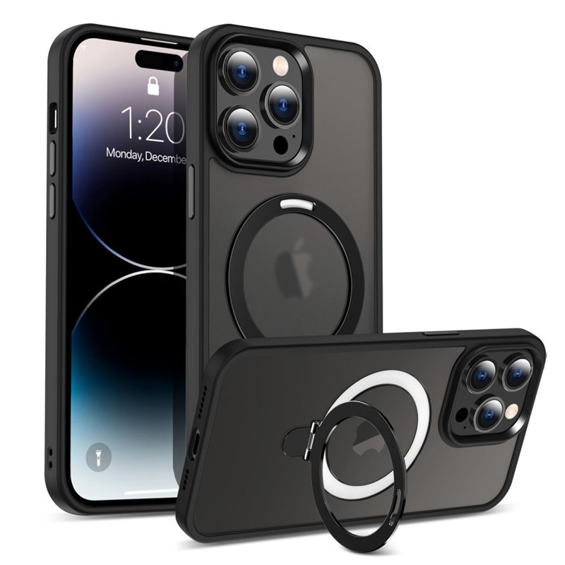 iPhone 14 Pro MagSafe hybridskal med ställfunktion, Svart - Snyggt skal med utfällbar magnetisk ring