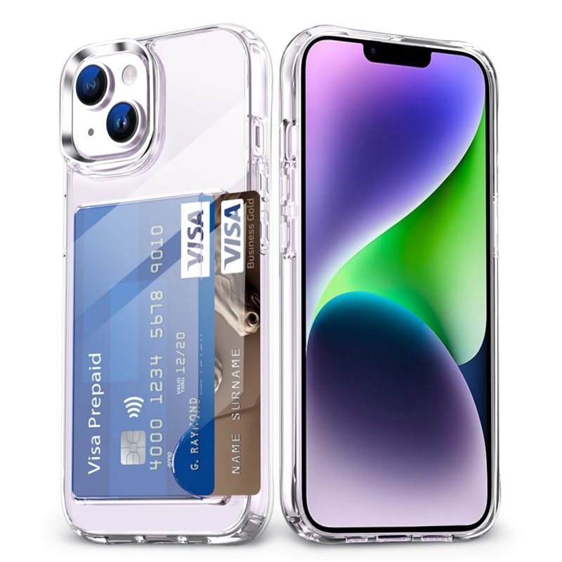 iPhone 14 Plus Hybridskal med inbyggt kortfack, Genomskinlig - Skal kortförvaring genomskinligt
